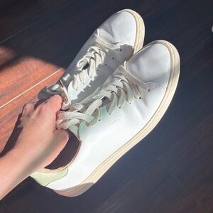 Leather Lace-Up Sneakers in Off-White with Mint Heel